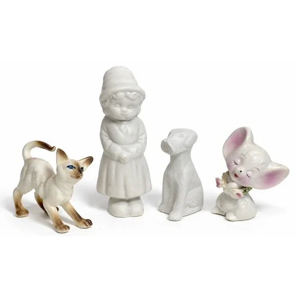 Lot of 4 Vintage Miniature Porcelain / Bisque Figurines Girl - Dog - Mouse - Cat - Picture 2 of 5